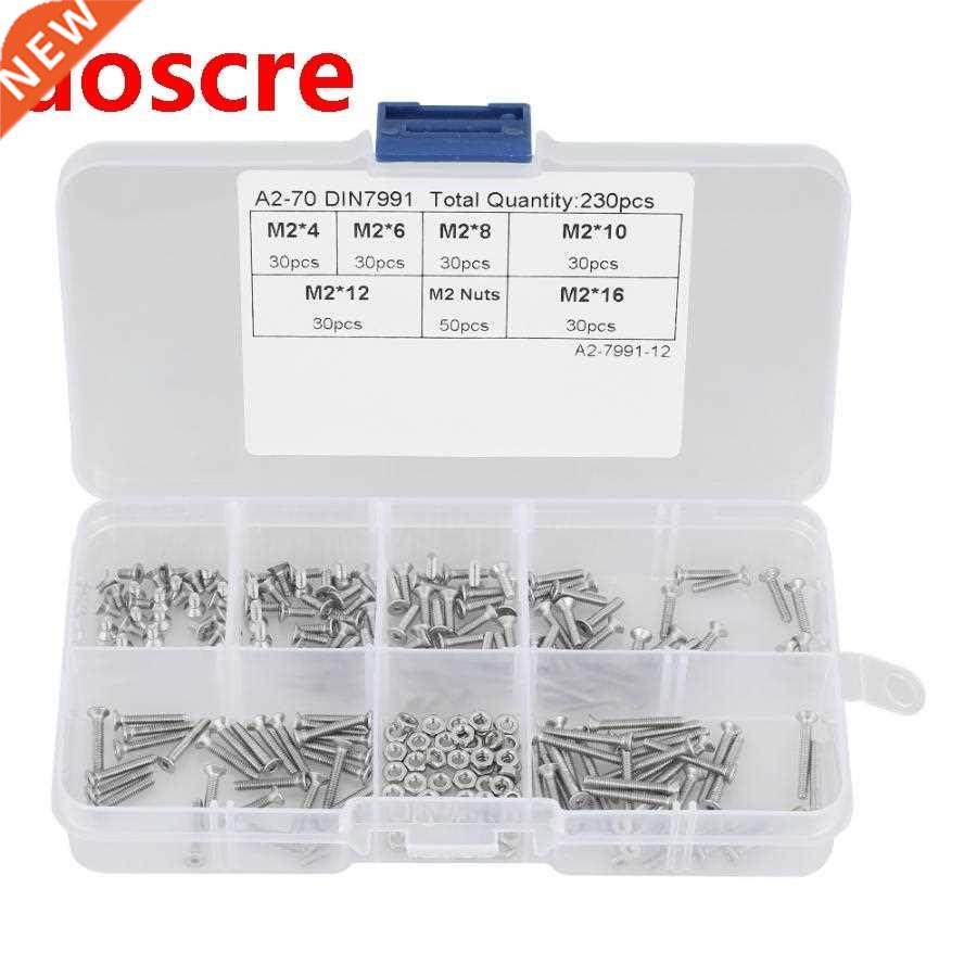 230pcs M2 304 Stainless Steel Flat Head Bolt Screws Nuts Ass