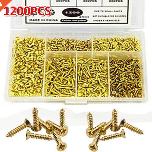 1200Pcs Flat Head Self Tapping Screws Gold Plated Carbon Ste