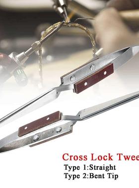 Cross Locking Tweezers Selflock Stainless Steel Fiber Grip J