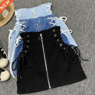 women fashion line zipper ring front skirts lace Denim