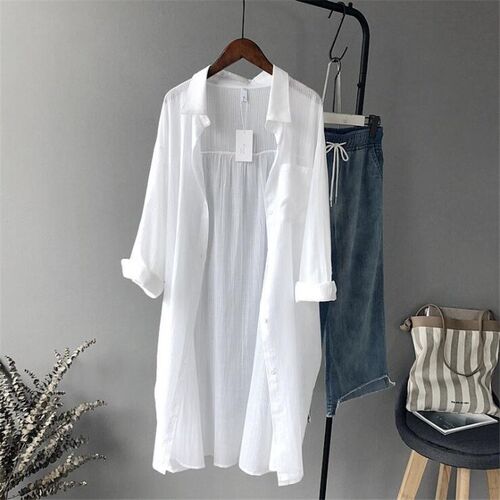 Cotton Casual White Long Blouse Women 2019 Autumn Women Long