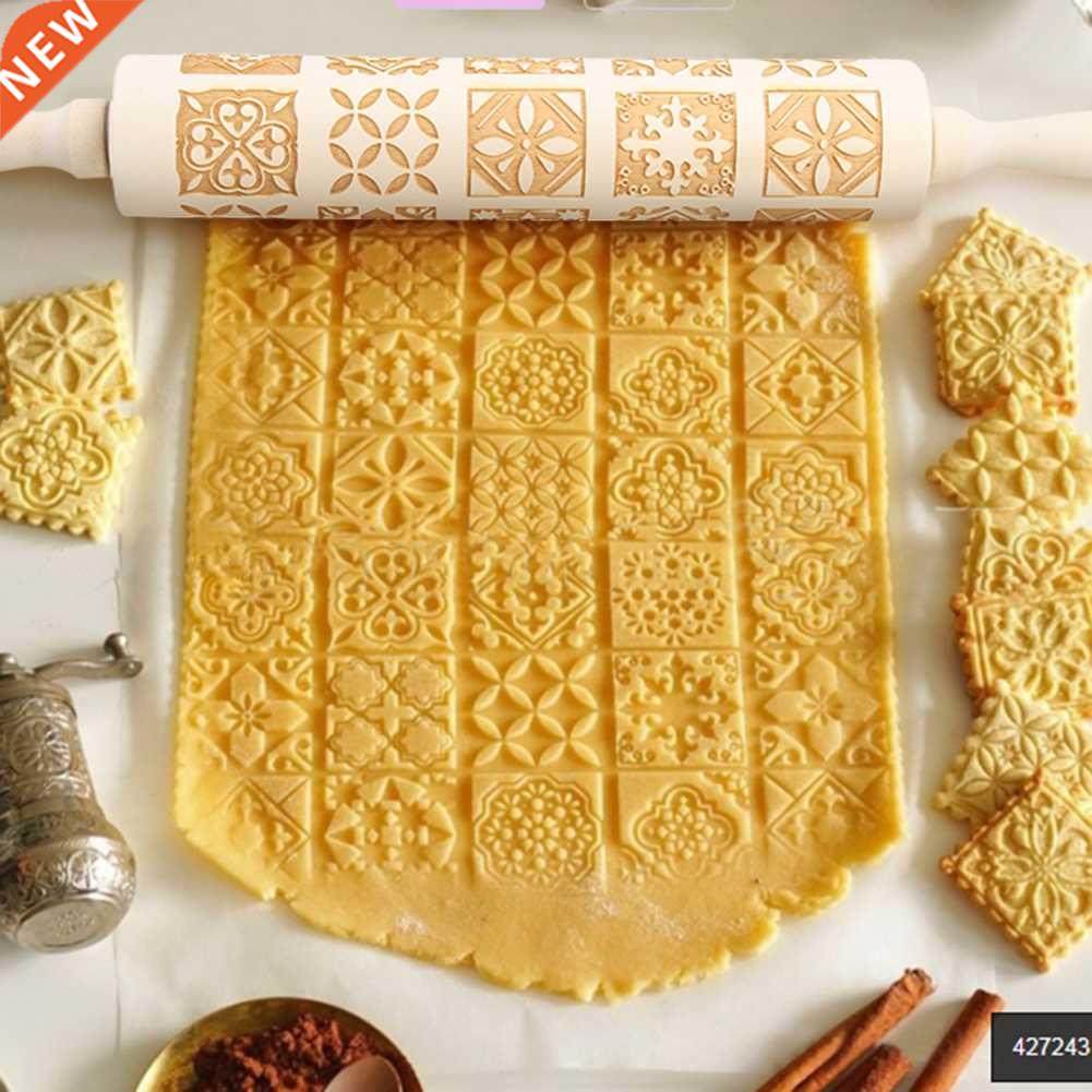 Home Wood Christmas Embossing Rolling Pin Cake Dough Cookies
