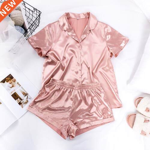 Women Spwear Summer Pajama Set Pink Turn Down Collar Faux