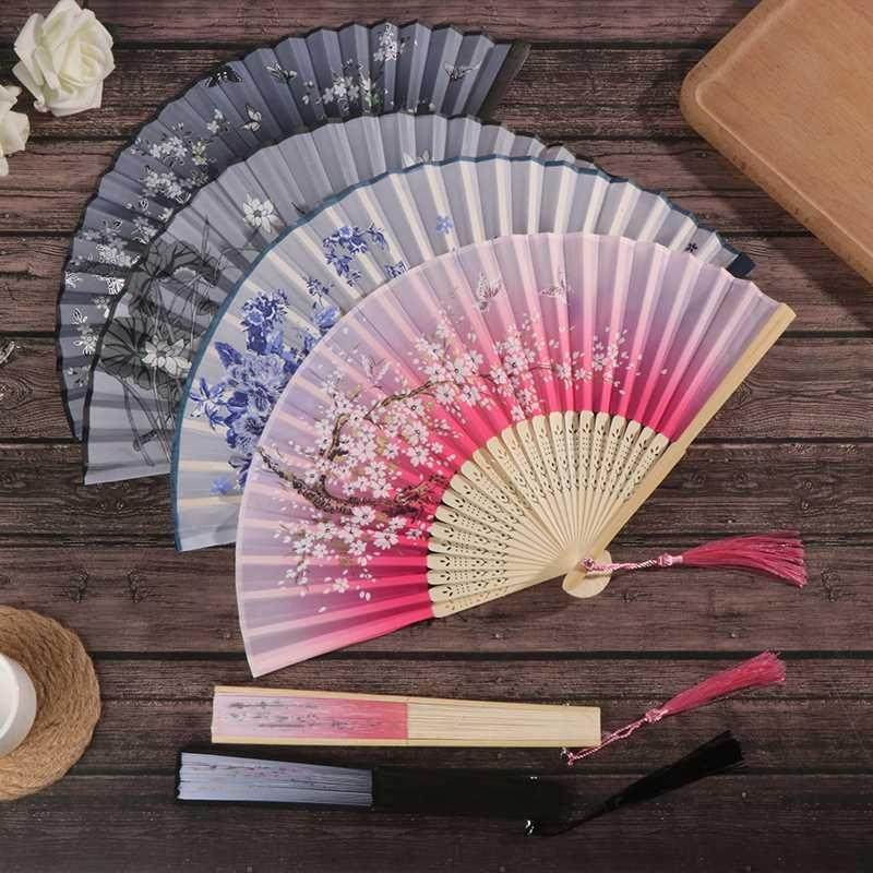 1PC Retro Chinese Japanese Silk Bamboo Folding Fan Home Dec