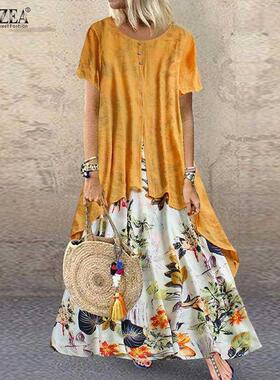 ZA Pacthwork Long Dress Summer Short Sve Women Vintag