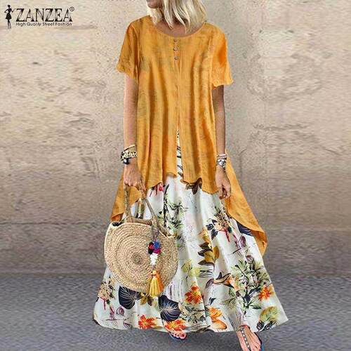 ZA Pacthwork Long Dress Summer Short Sve Women Vintag