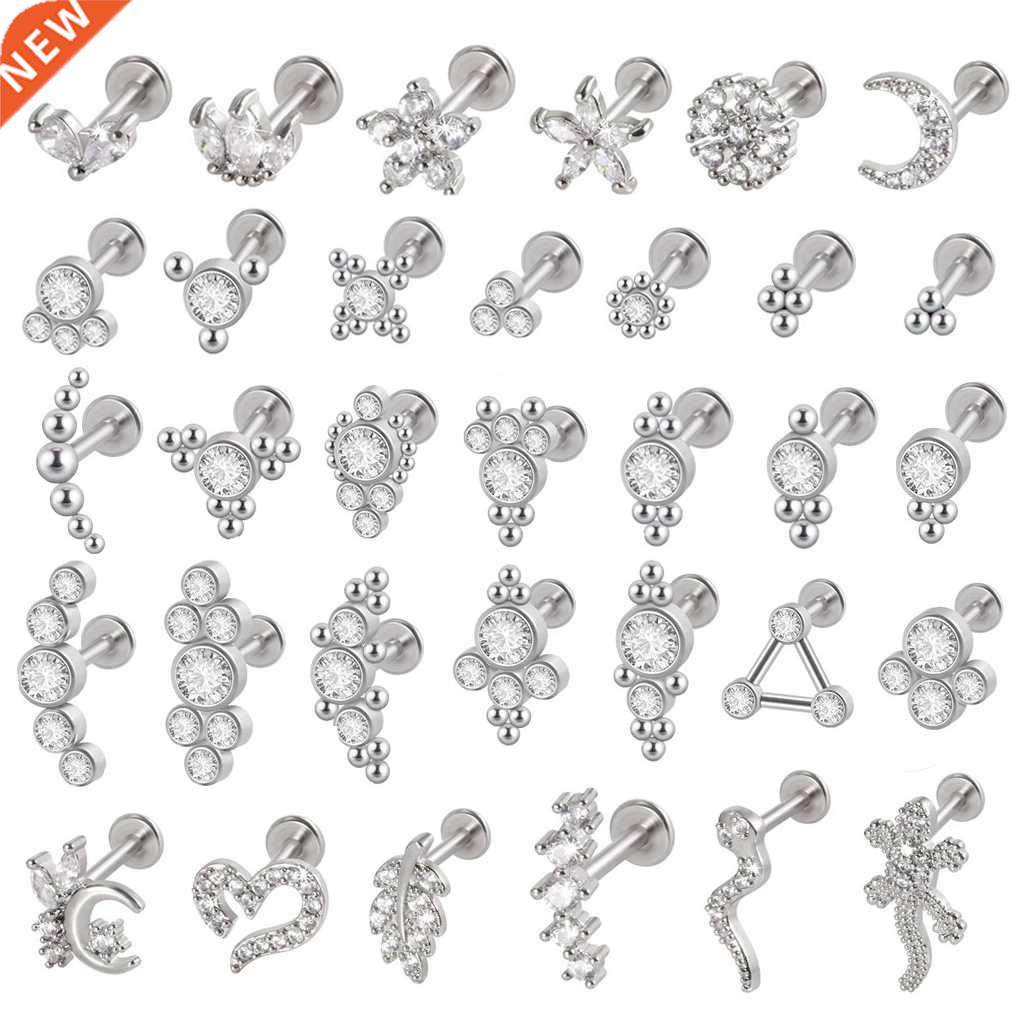 1PC G23 Titanium&Steel 16G CZ Gem Moon Labret Lip Bar Ri