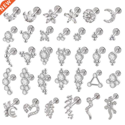 1PC G23 Titanium&Steel 16G CZ Gem Moon Labret Lip Bar Ri