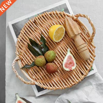 Rattan Round Fruit Tray with Handle Storage Tray Breakfast T