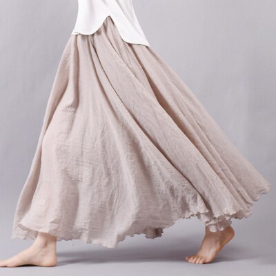 2020 Women Linen Cotton Long Skirts Elastic Waist Pleated Ma