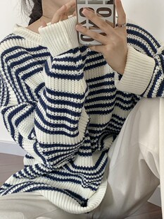 Plus Size Loose Vintage Striped Sweater Women O Neck Vintage