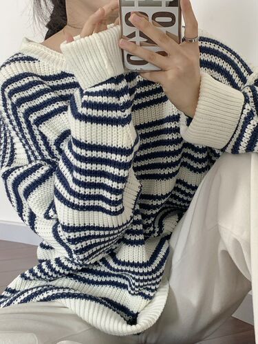 Plus Size Loose Vintage Striped Sweater Women O Neck Vintage
