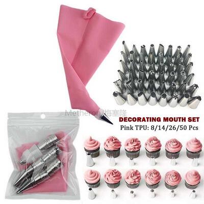 50pcs Pink Silicone Pastry Bags Tips 48 Icing Piping Nozzles