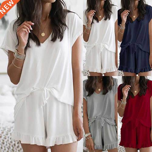 Women	s Pajamas Set for Female Two-Piece Ruffle Solid Col