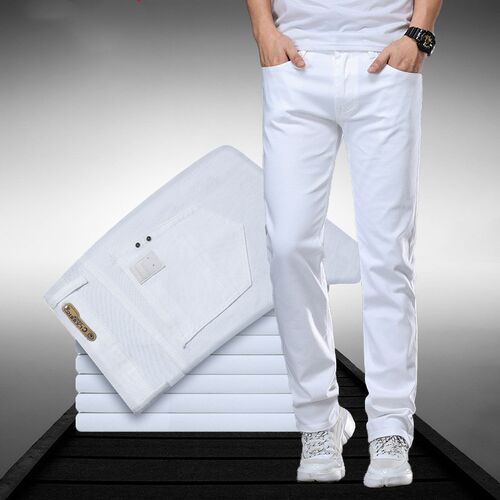 Classic Style Men's Regular Fit White Jeans Business Smart F