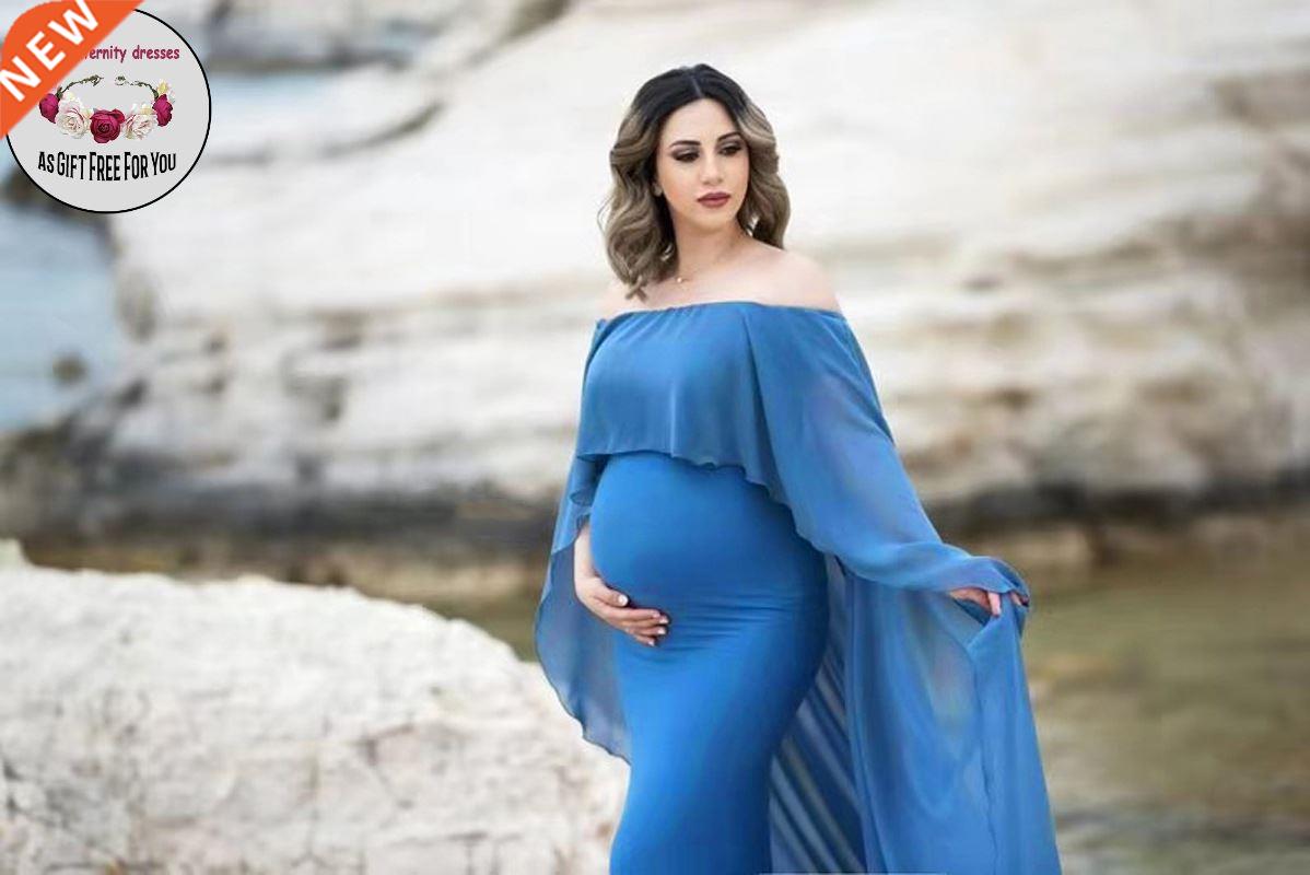 Women Bateau Pregnant Dress for Photography Off-Shoulder Mer图片