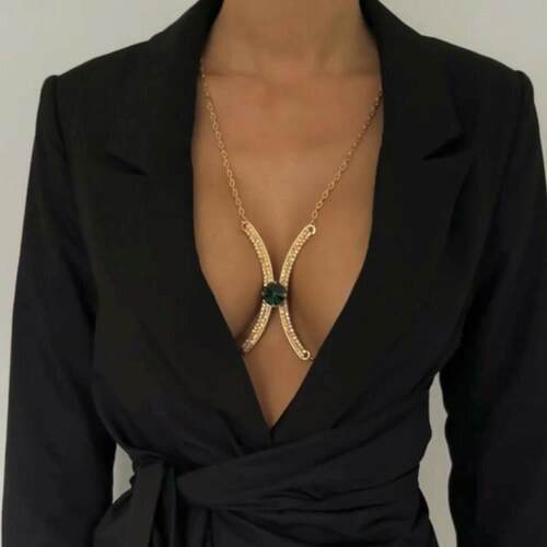 Trendy Green Crystal Rhinestone Chest Bracket Bra Chain Harn