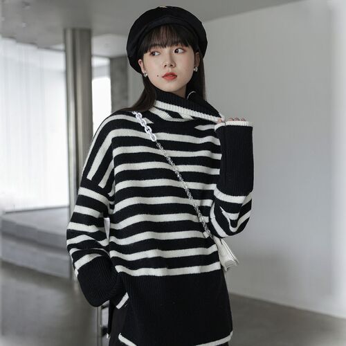 2021 autumn/winter new high collar stripe thickened slit kni