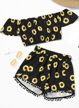 Crop Tops Tassel Shorts Two-Piece Women Off Shoulder Sunflow