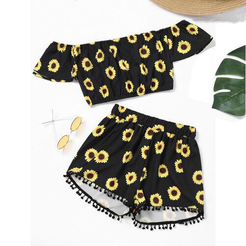 Crop Tops Tassel Shorts Two-Piece Women Off Shoulder Sunflow