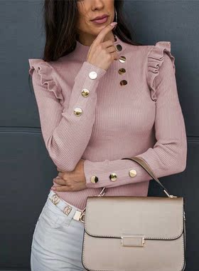 Button Elegant Blouses Woen Spring And Autun Ruffled Long