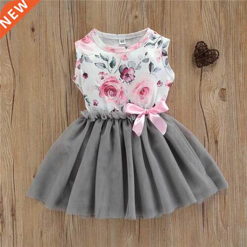 Little Girls Tulle Dress Cute Sleeveless Crew Neck Floral Pr