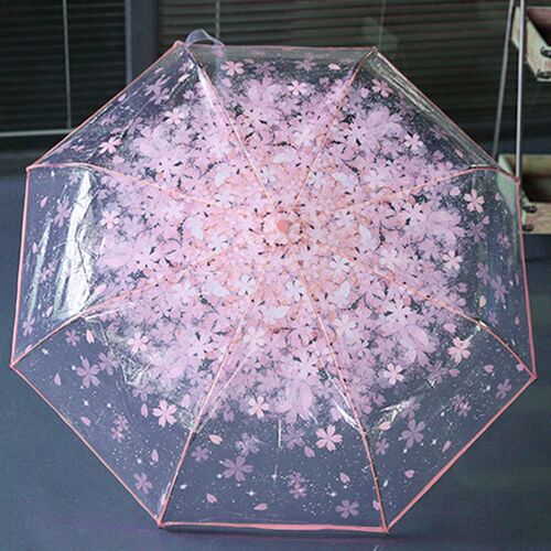 Compact Folding Cherry Umbrella Transparent Clear Umbrella T