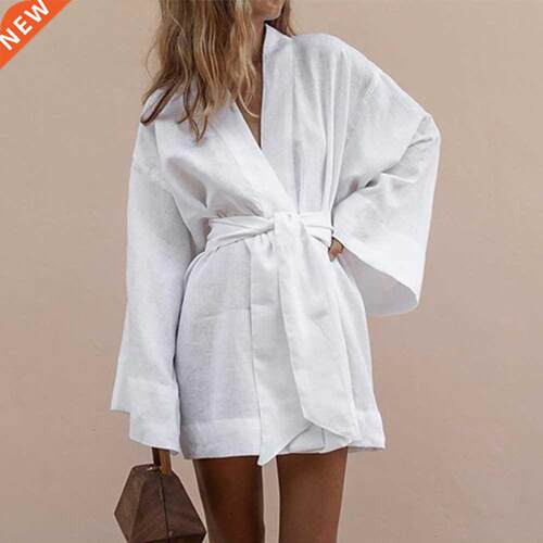 Women's V-Neck Kimono Cardigan Mini Dress White Cott