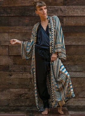 Bohemian Printed Bikini Cover-ups Elegant Self Belted Kimono