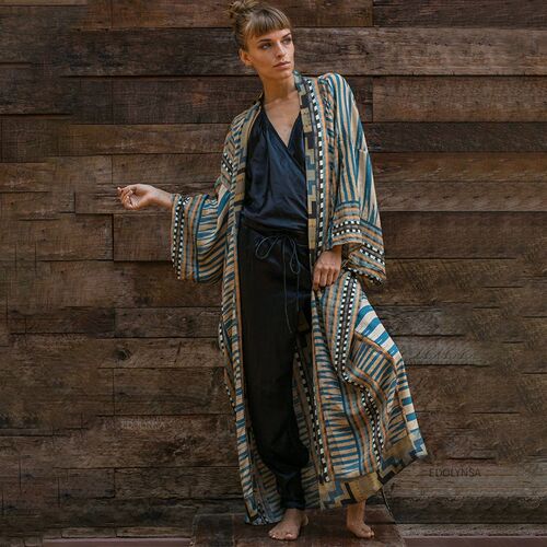 Bohemian Printed Bikini Cover-ups Elegant Self Belted Kimono