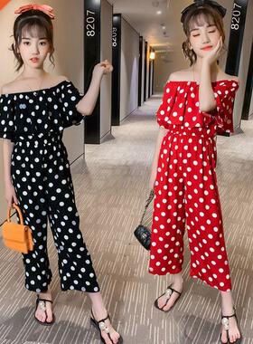 Teen Girls Off-Shoulder Polka Dot Pattern Overalls Chiffon C