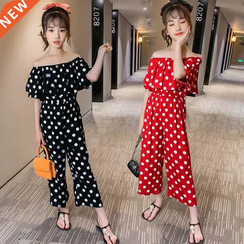 Teen Girls Off-Shoulder Polka Dot Pattern Overalls Chiffon C