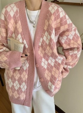 Ladies Cardigans Long Sleeve Knitted Argyle Sweater Women Ko