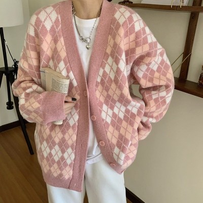 Ladies Cardigans Long Sleeve Knitted Argyle Sweater Women Ko