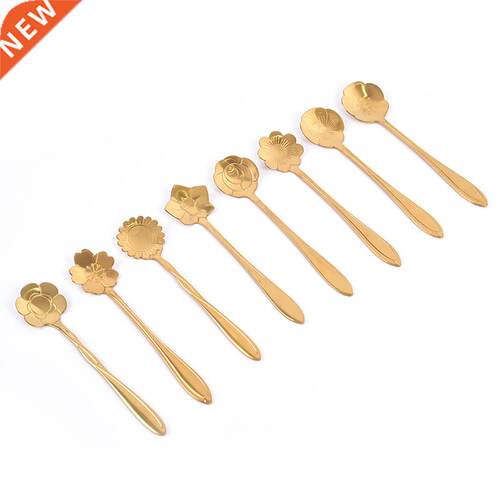 1pc Small Stainless Steel Spoon Vintage Gold Flower Spoons C