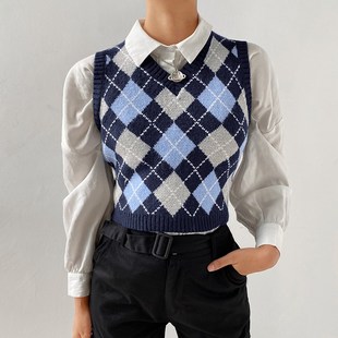 neck Short Korean Argyle Style Geometric 2021 Vintage