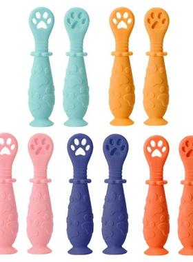 2Pcs/Set Baby Learn Spoon Set Short Easy Spoon Cartoon Silic