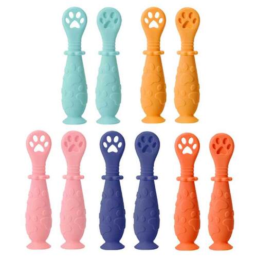 2Pcs/Set Baby Learn Spoon Set Short Easy Spoon Cartoon Silic