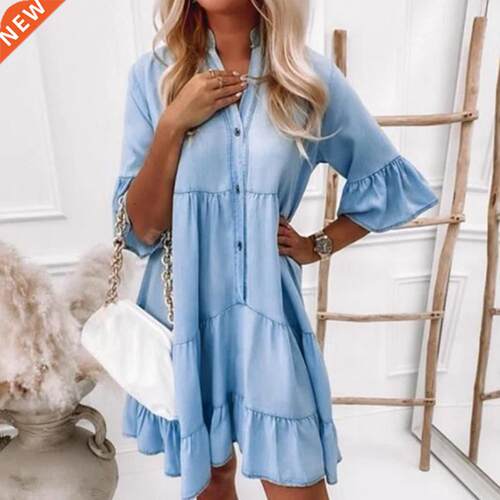 S - 3XL Cotton Denim Women Dress Solid Color Mid Sves A-l
