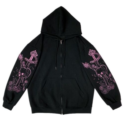 Punk Graphic Print Zipper Ribbon Hooded Hoodie vintage Black