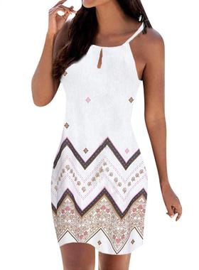 Women Halter Ne Boho Print Dress Sveless Mini Beachwear