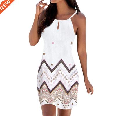 Women Halter Ne Boho Print Dress Sveless Mini Beachwear