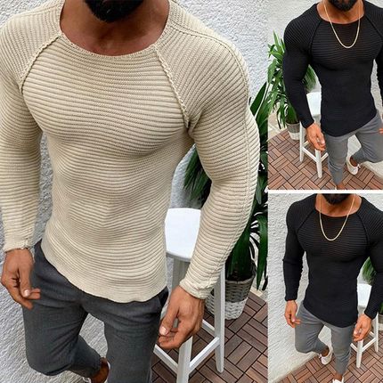 Autumn Winter Men's Pull Striped Sweaters Solid Color Slim K