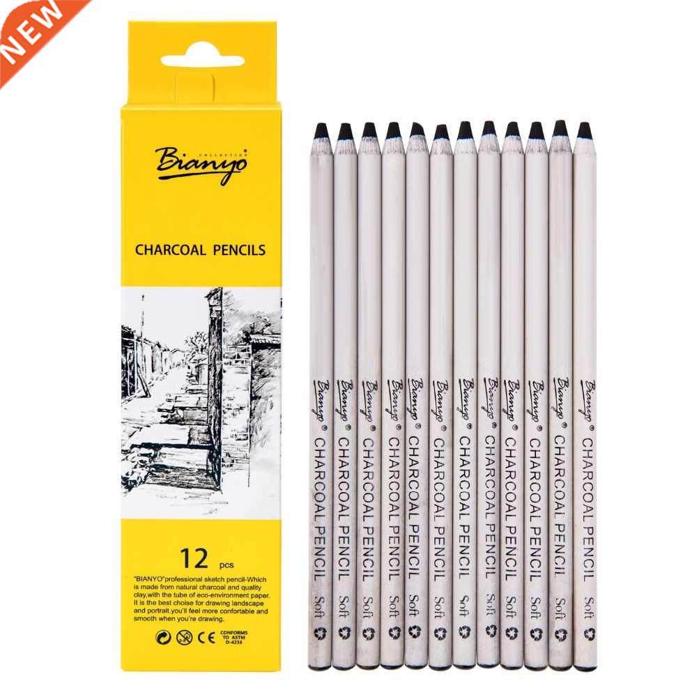 Bianyo Quality 12Pcs Soft Charcoal Pencil Set Wood Black Ar