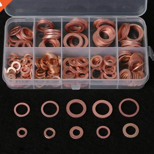 200PCS M5-M14 Copper Washer Gasket Set Flat Ring Seal Kit Wi