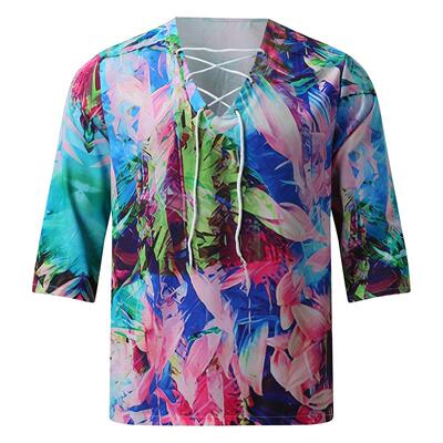 New Men Tee Shirt Tie Dye Tops Pullover V Neck Lace-up Loose