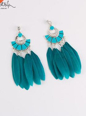 Fashion Bohemia Big Long Sector Enamel Feather Clip on Earr