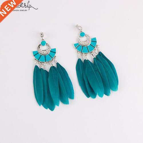 Fashion Bohemia Big Long Sector Enamel Feather Clip on Earr