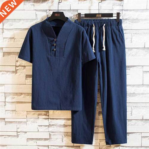 Summer Linen T-shirt men Suit summer linen T-shirt and pants
