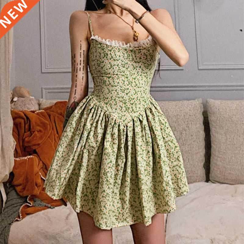 2022 New Short Baless Strap A Swing Floral Sling Dress dr